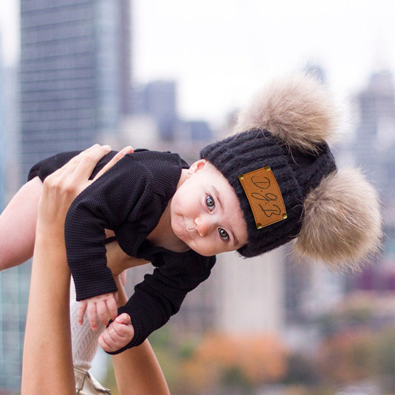 Vegan Leather Patch Double PomPom Hat 