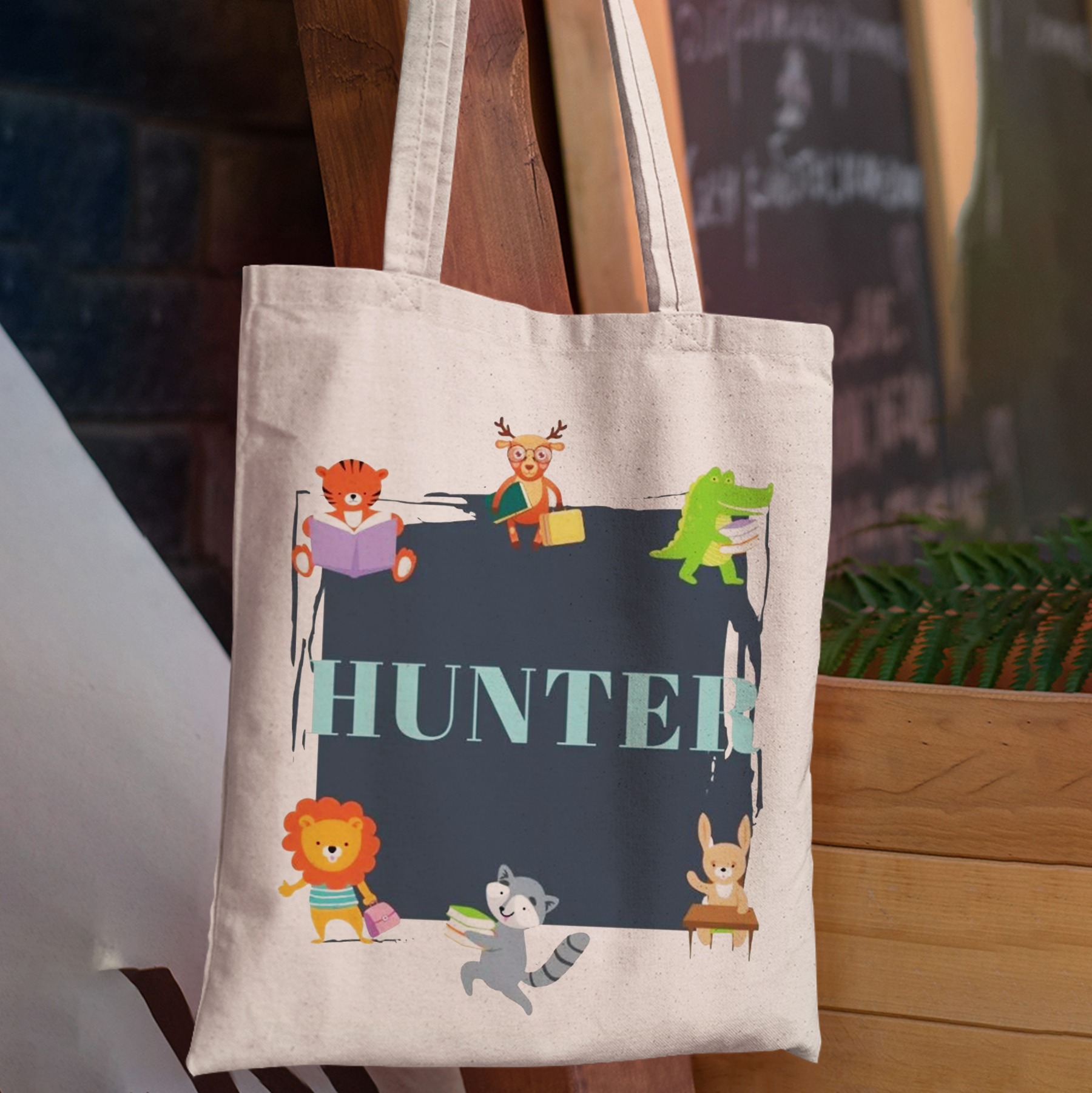 Personalized Animals Kids Name School Tote Bag