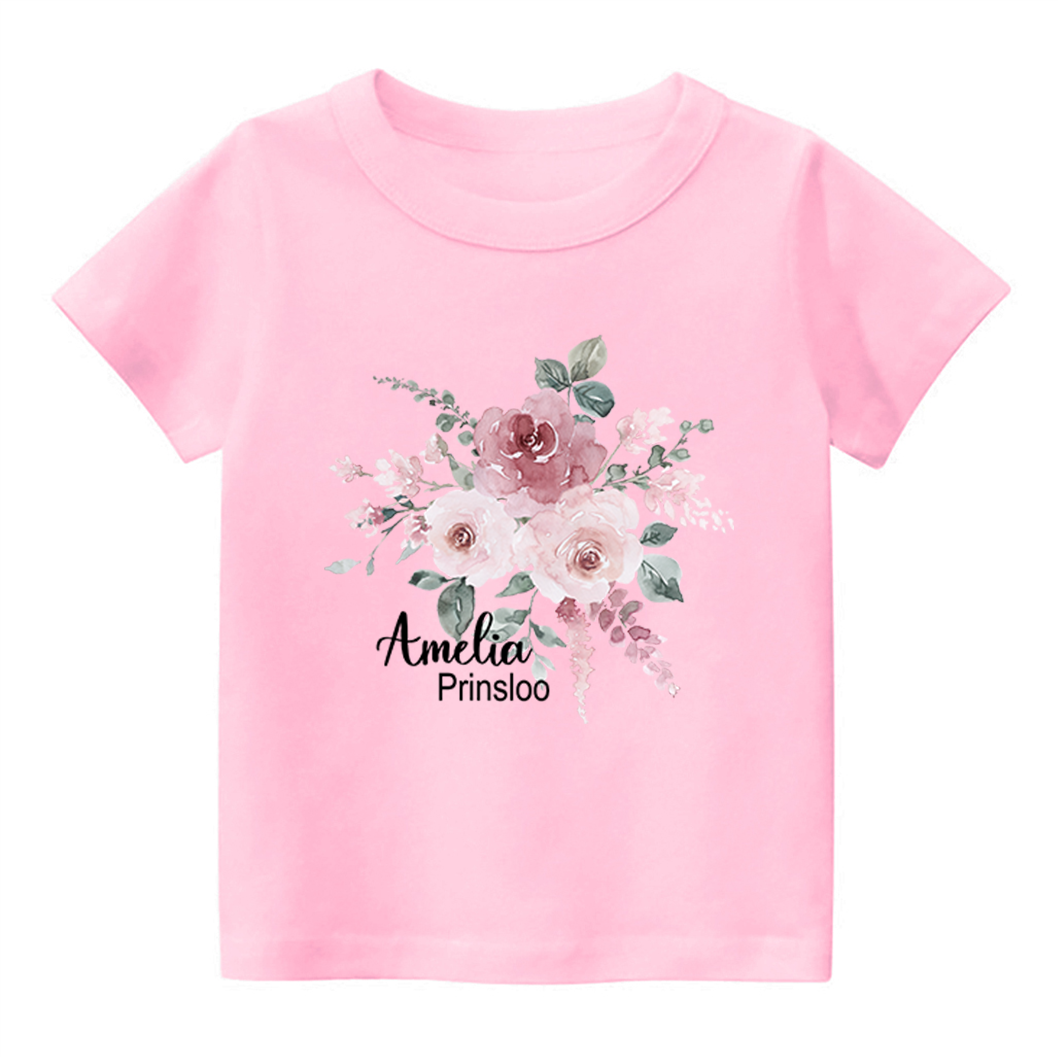 Personalized Pink Flower Cluster Kids Name T-Shirt