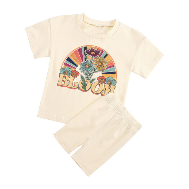 Peach Boho Bloom Kids Biker Shorts&Tee