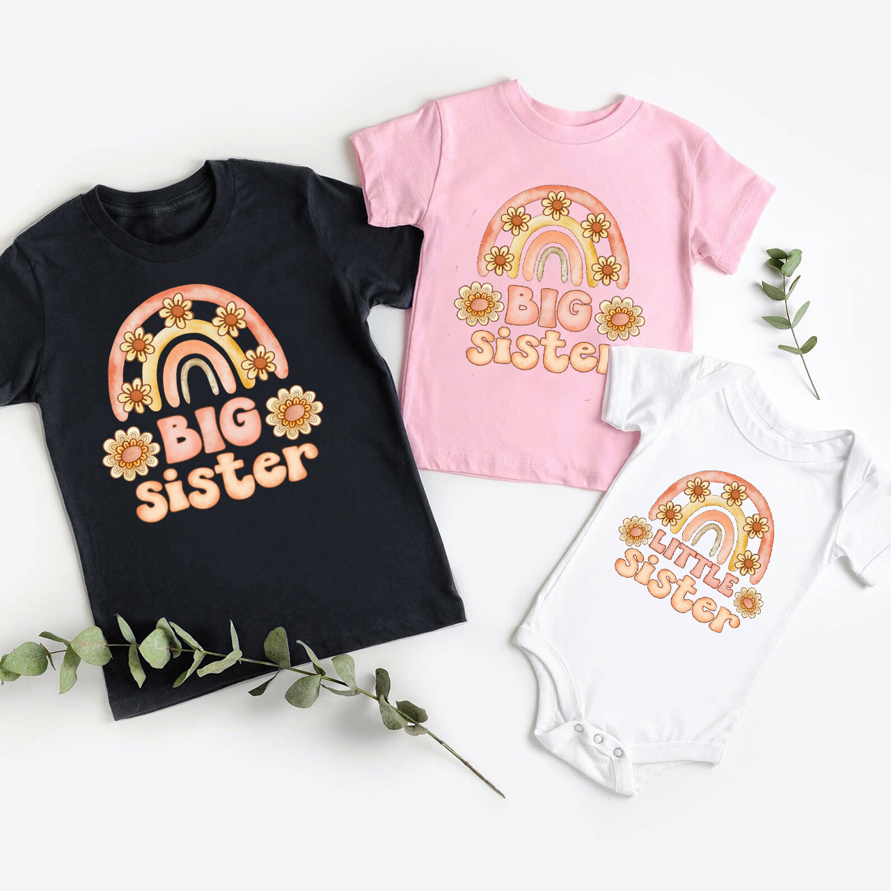 Rainbow Flower Big Sister Little Sister-Siblings Matching Tees