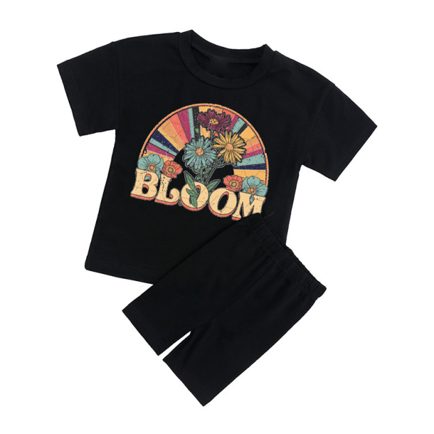 Peach Boho Bloom Kids Biker Shorts&Tee