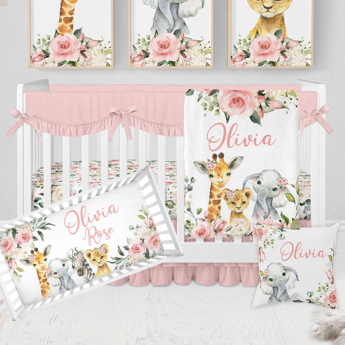 Personalized Pink Safari Animal Baby Flannel Blanket
