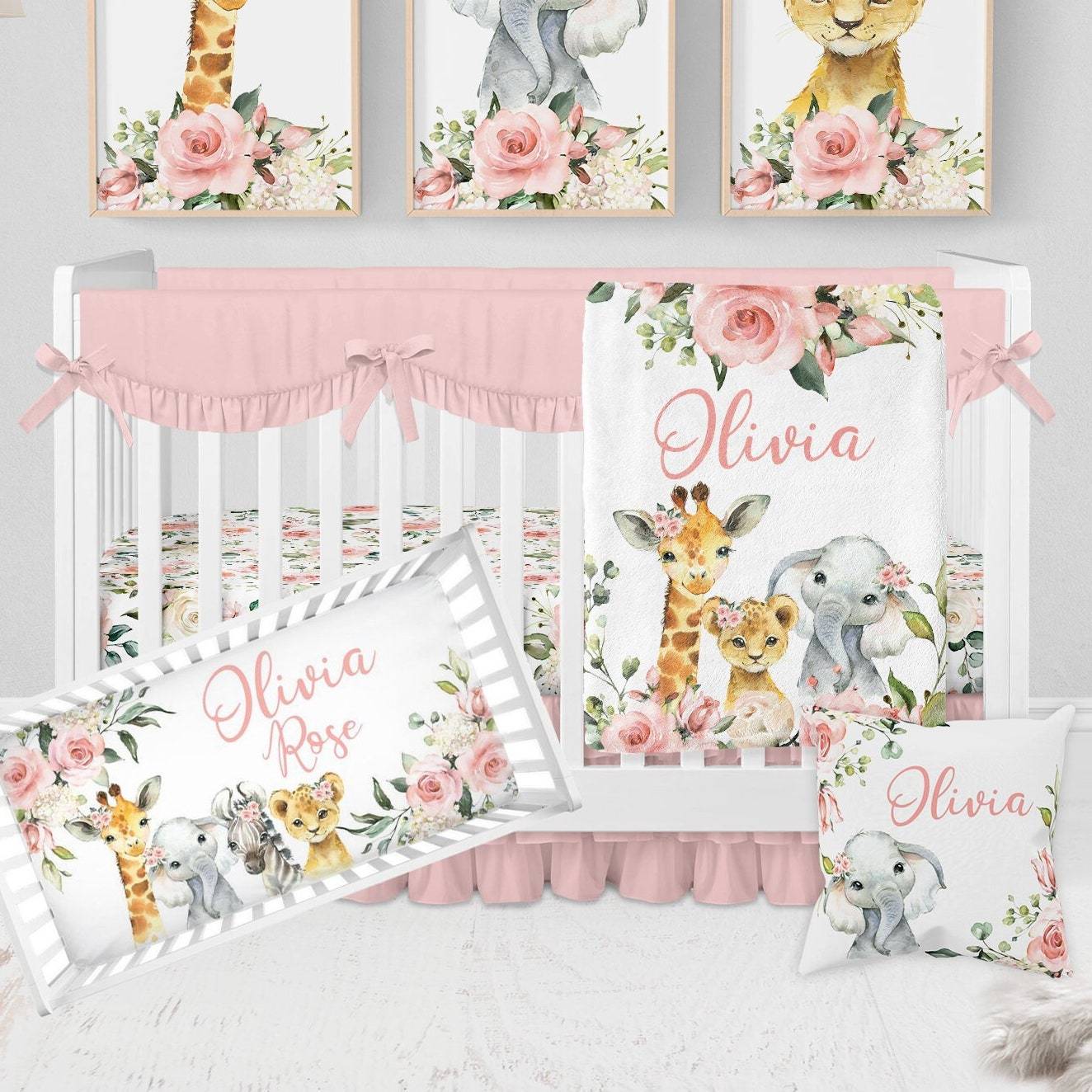 Personalized Pink Safari Animal Baby Flannel Blanket