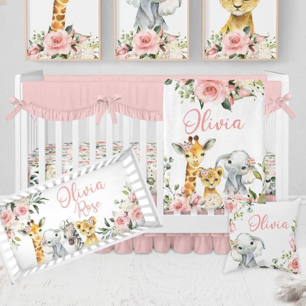 Personalized Pink Safari Animal Baby Flannel Blanket