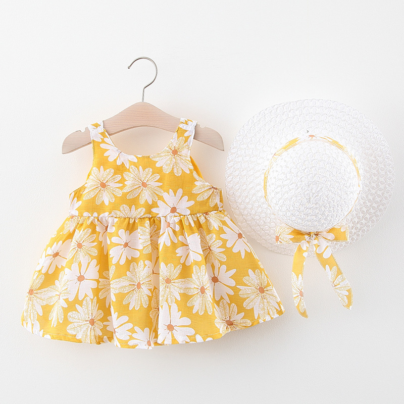 Baby Girl Summer Chrysanthemum Dress with Sun Hat
