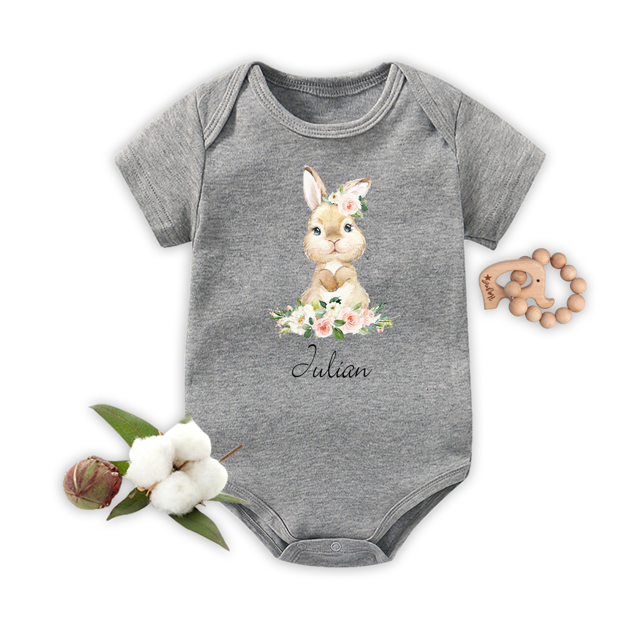 Personalized Cute Rabbit And Pink Flowers Baby Bodysuit