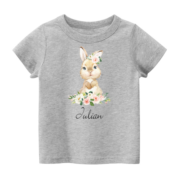 Personalized Cute Rabbit And Pink Flowers Kids T-Shirt