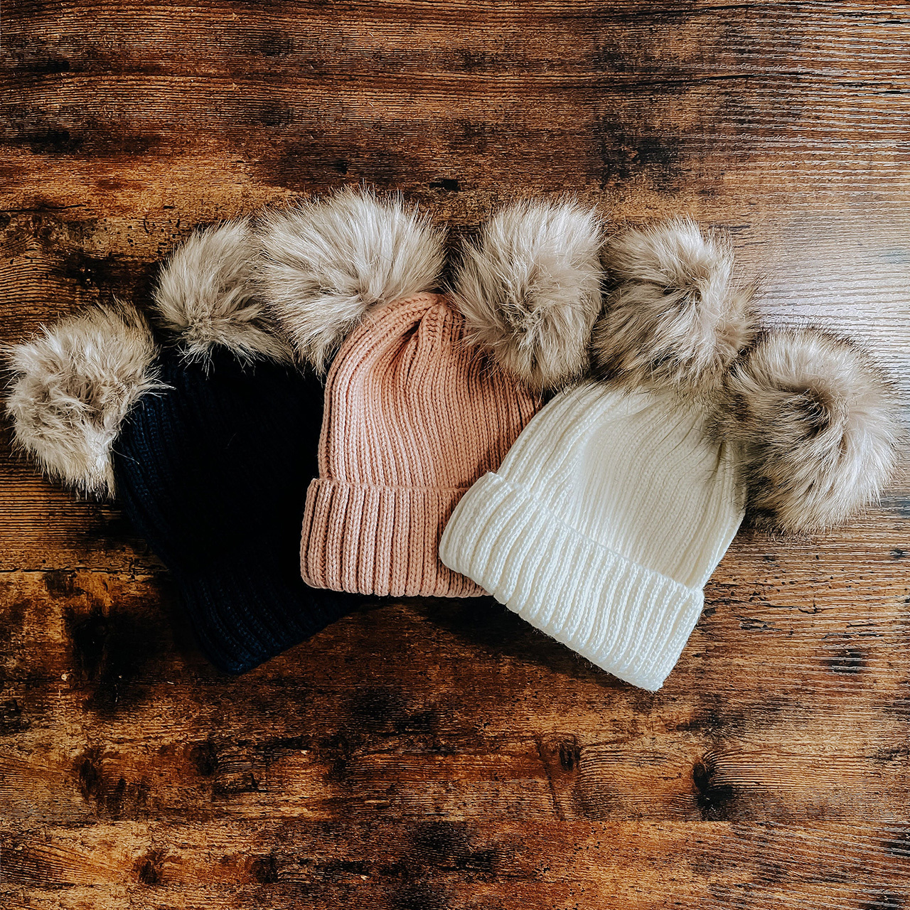 Personalized Leather Patch Double PomPom Winter Hat