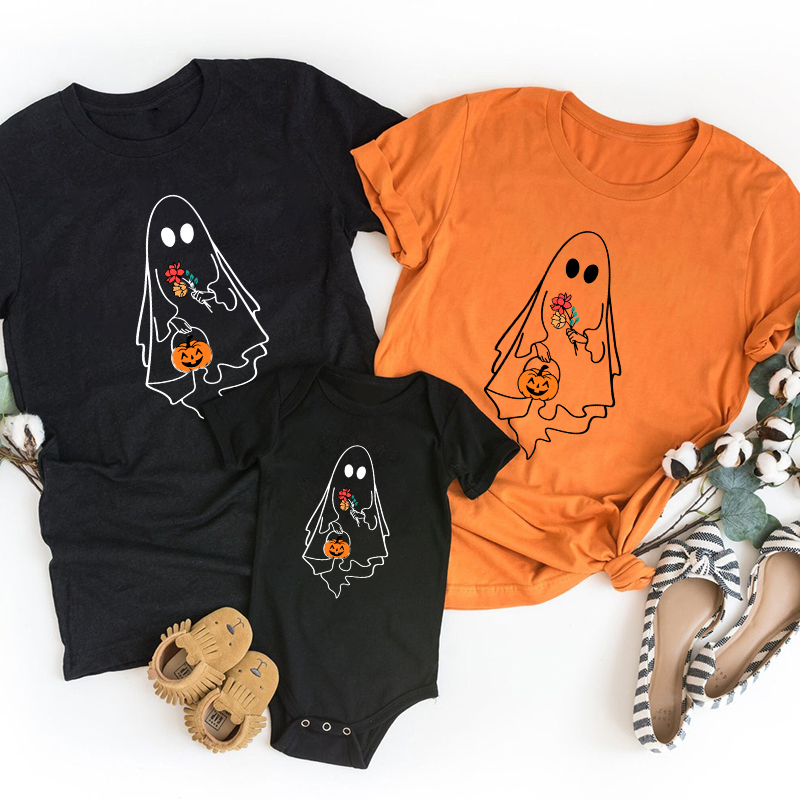 Ghost Holding Flowers And Pumpkin Halloween Matching Family Shirts