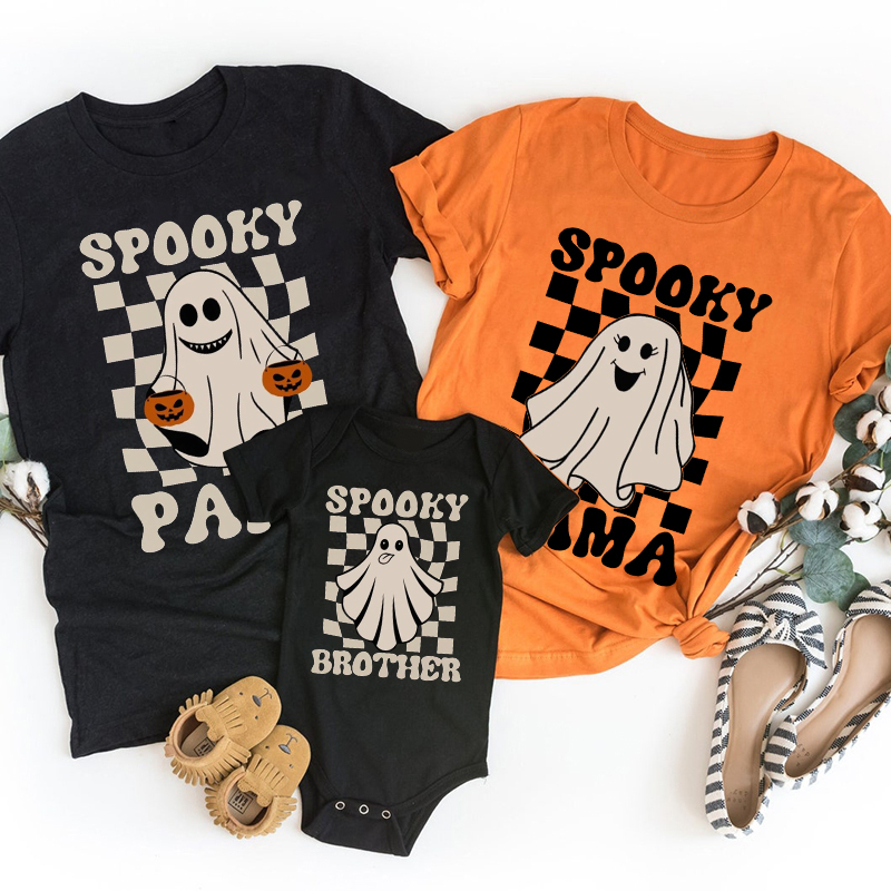 Checkerboard Pumpkin Ghost Halloween Family Matching Shirts