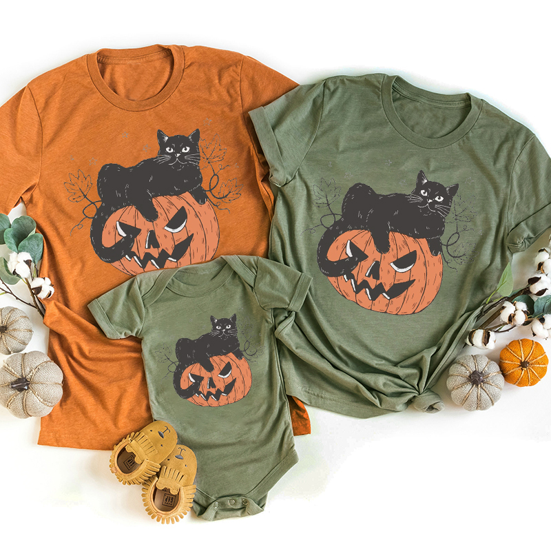 Vintage Pumpkin and Cat Halloween Matching Shirts