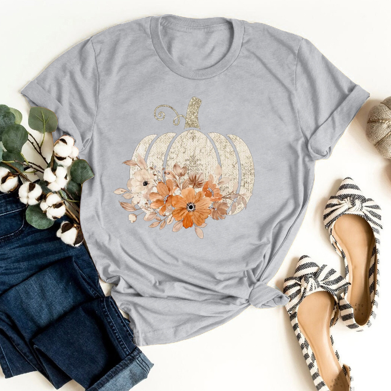 Autumn Floral Fall Pumpkin Shirt