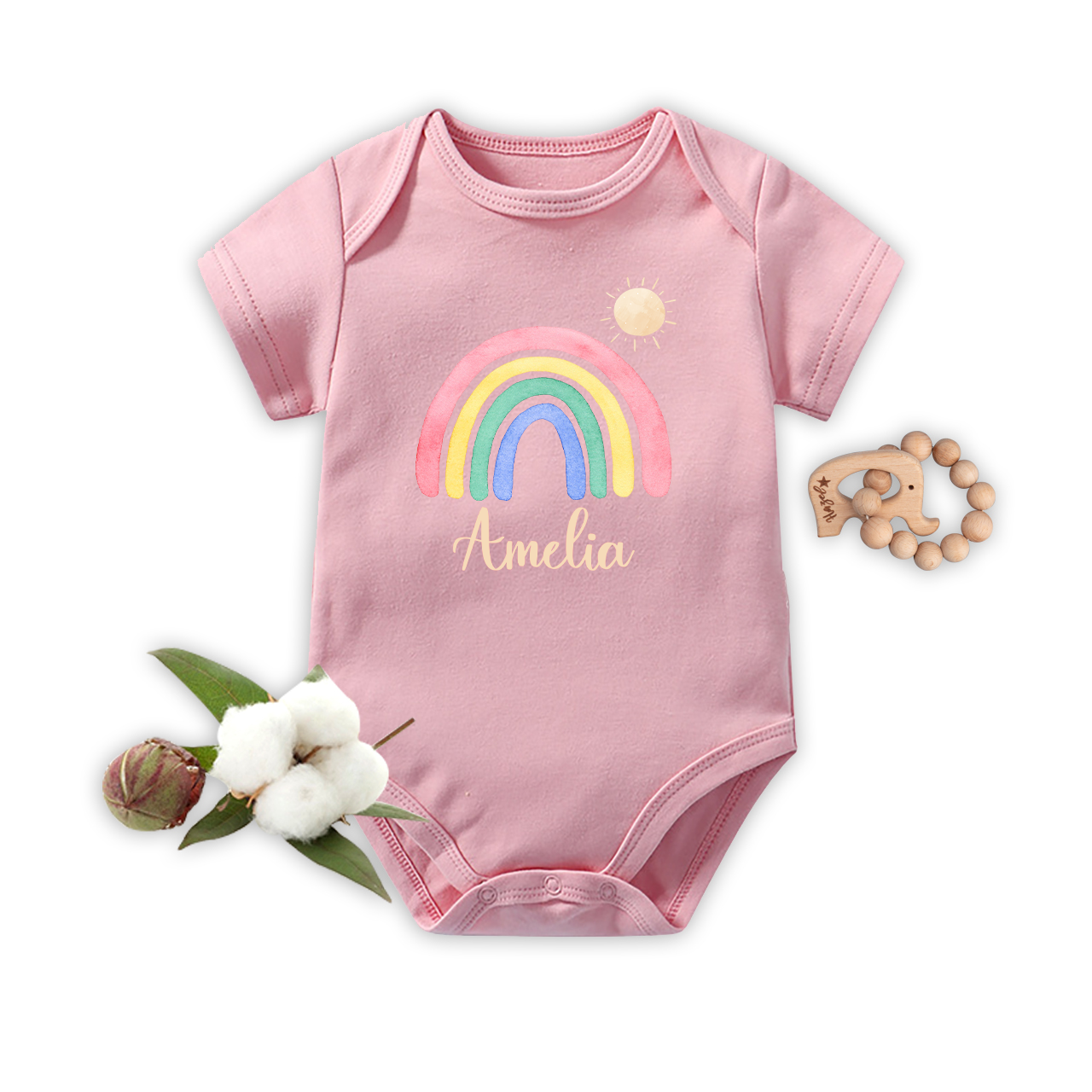 Personalized Pink Rainbow And Sun Baby Bodysuit