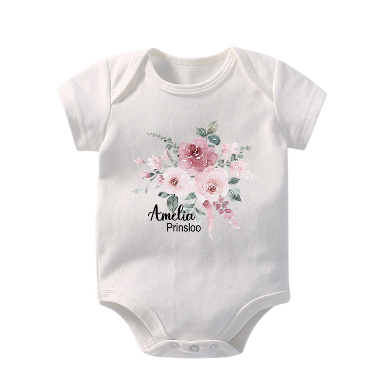 Personalized Pink Flower Cluster Baby Name Bodysuit