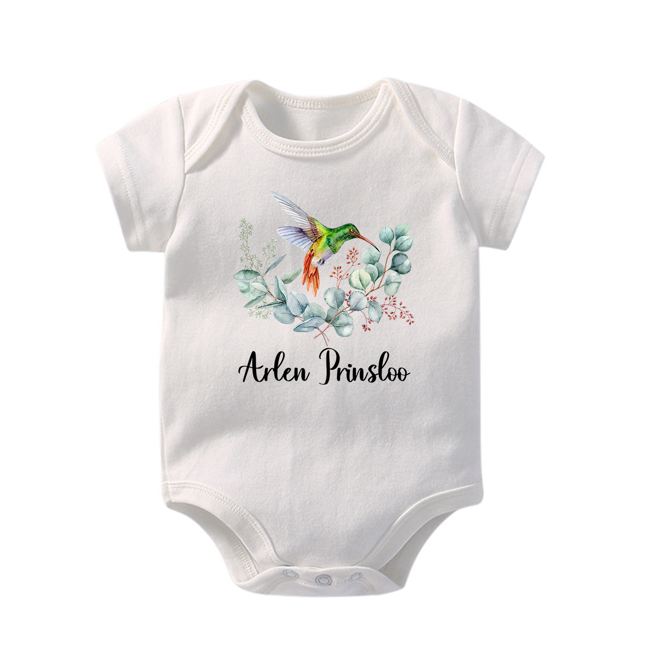 Personalized Hummingbird In The Flowers Baby Name Bodysuit