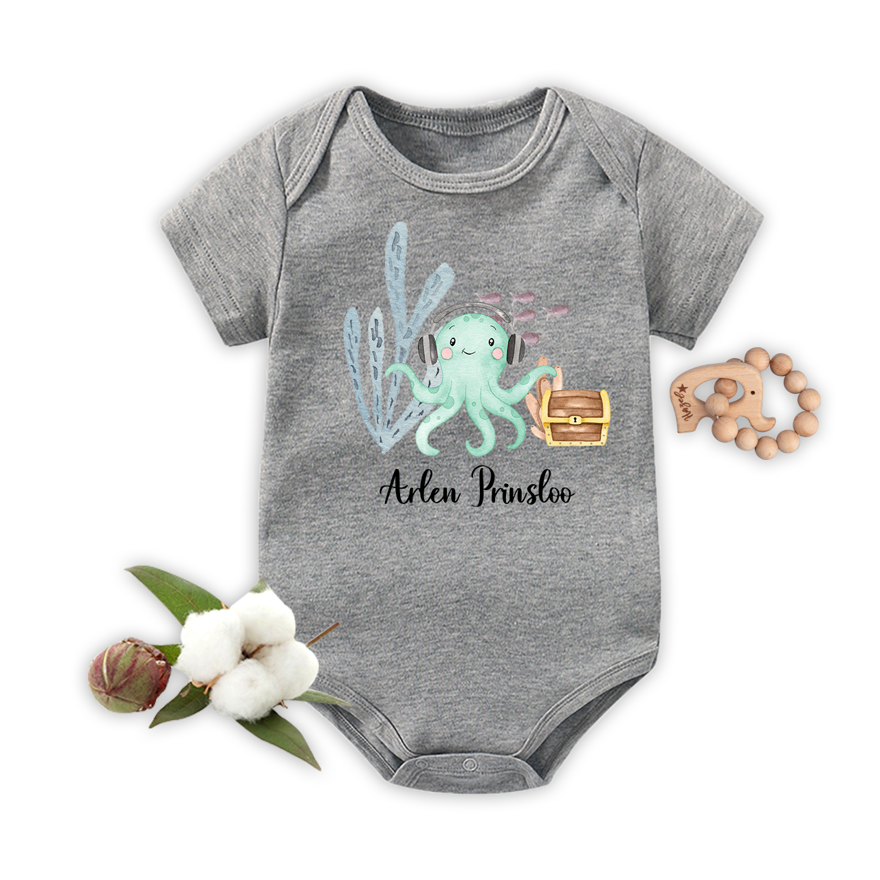 Personalized Octopus Listening To Music Baby Bodysuit
