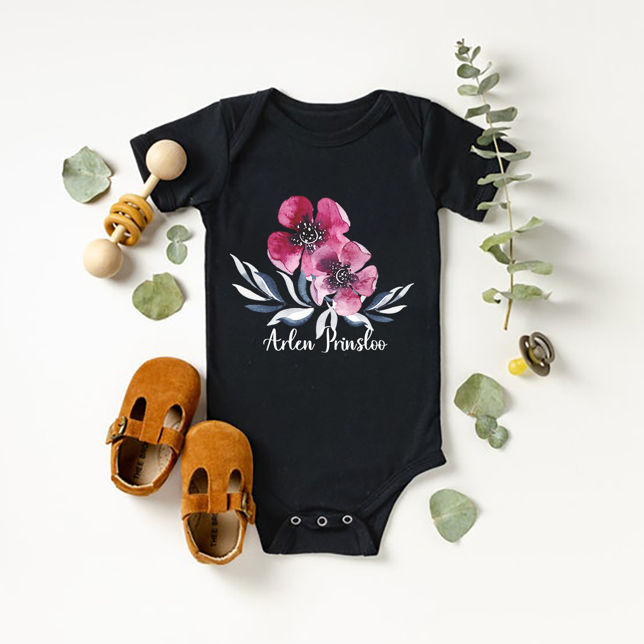 Personalized Ink Flowers Baby Bodysuit