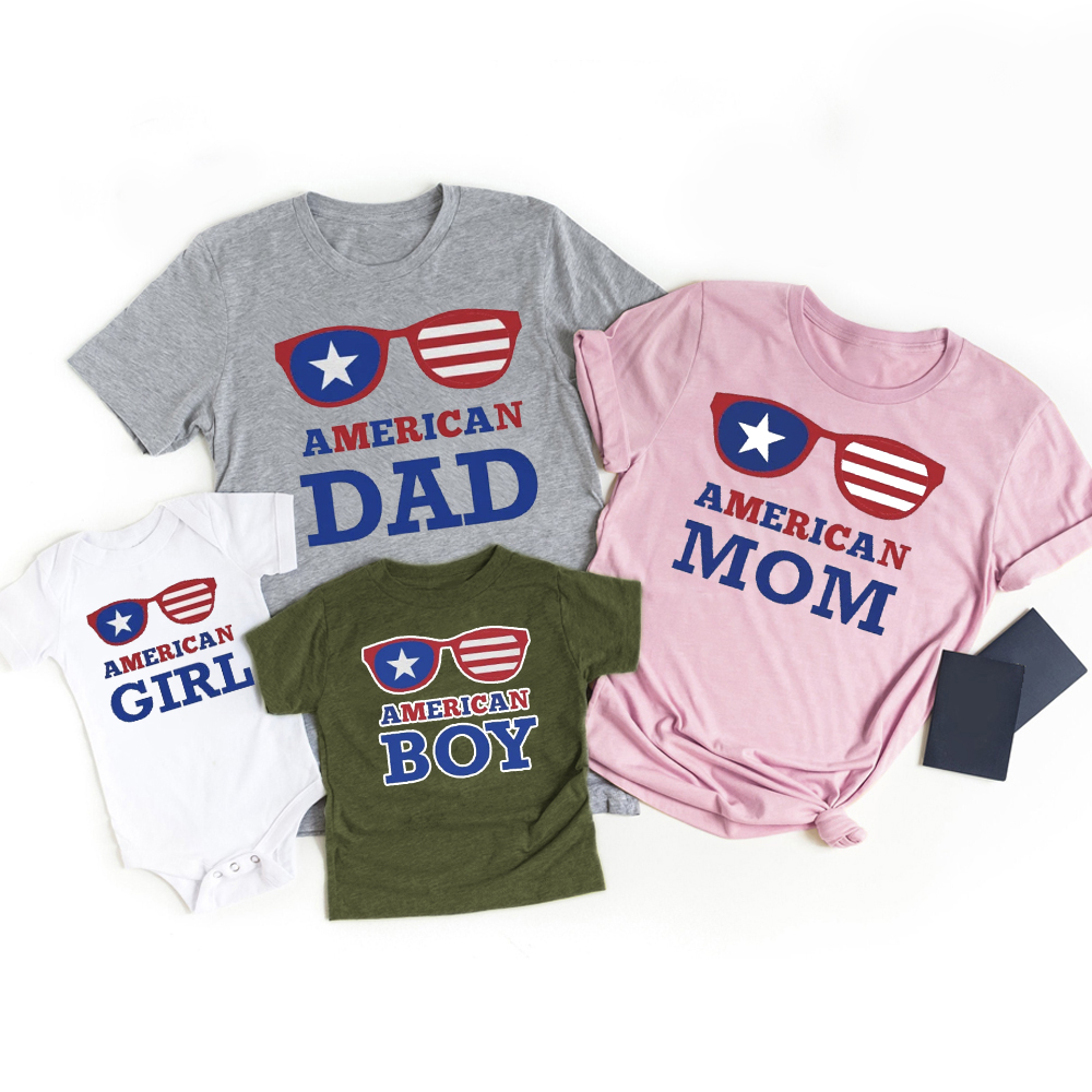 Independence Day Family Matching Tees With Flag And Sun Glasses