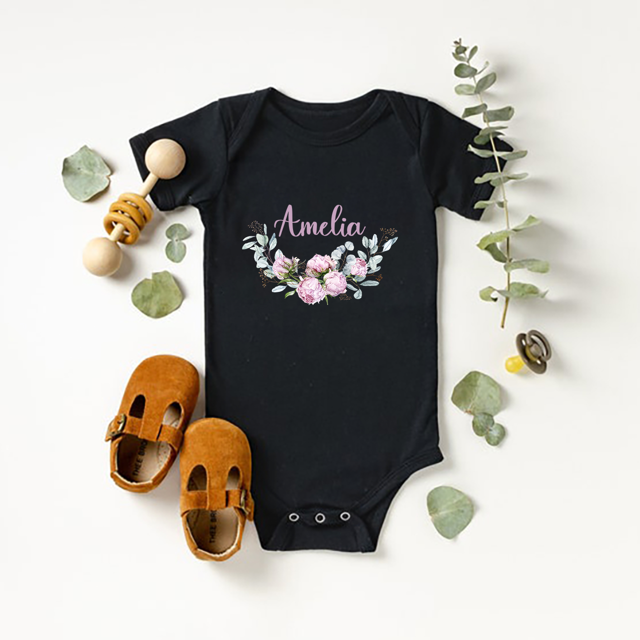 Personalized Purple Peony Baby Bodysuit