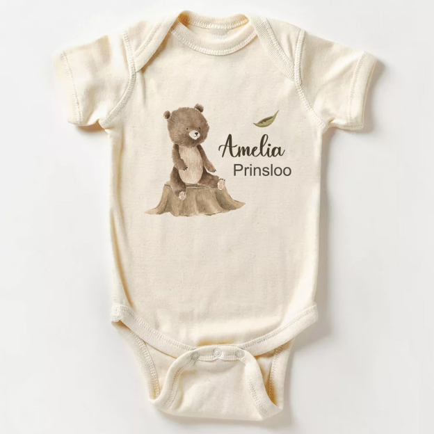 Personalized Bear Cub Sitting On Tree Stump Baby Bodysuit