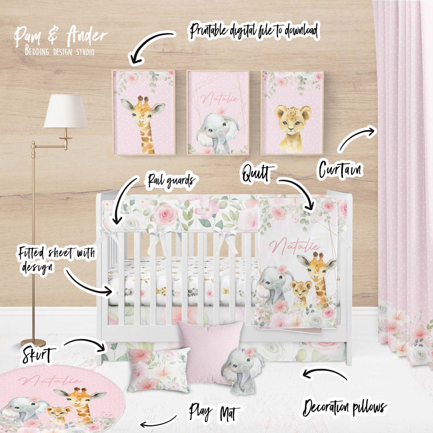 Personalized Pink Safari Animal Baby Flannel Blanket