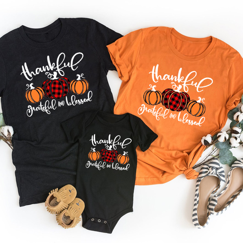 Buffalo Plaid Pumpkin Thankful Grateful Blessed Matching Shirts