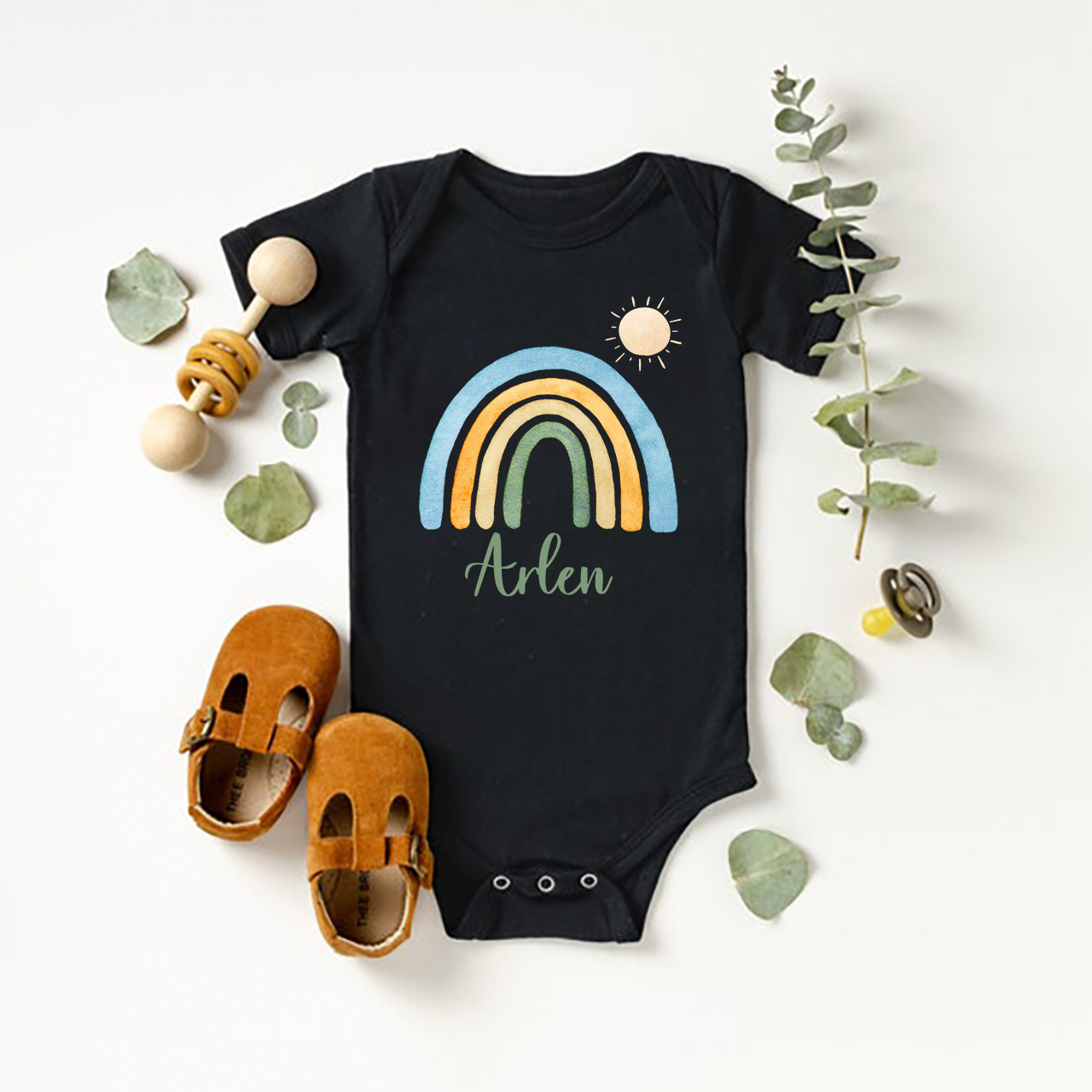 Rainbow And Sun Name Custom Baby Bodysuit