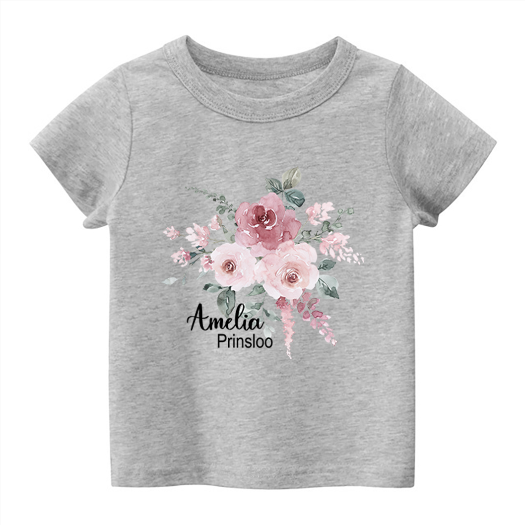 Personalized Pink Flower Cluster Kids Name T-Shirt