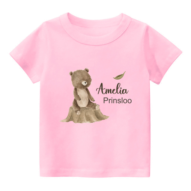 Personalized Bear Cub Sitting On Tree Stump Shirt For Kids