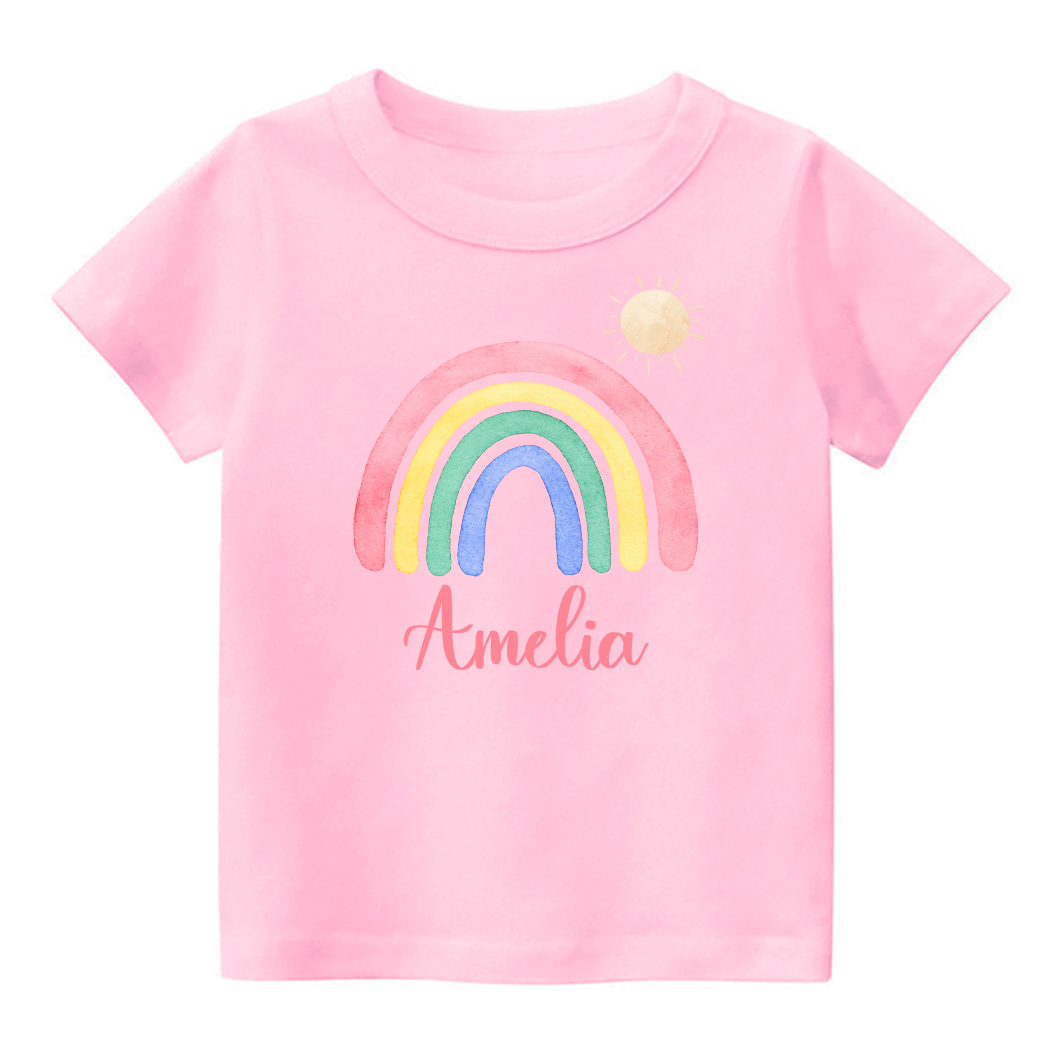 Personalized Pink Rainbow And Sun Kids T-Shirt