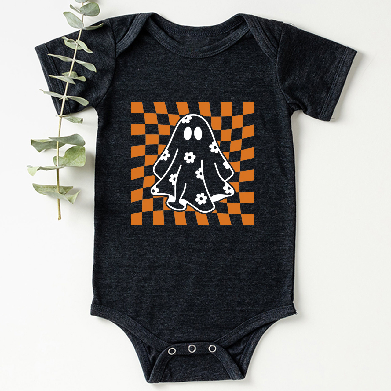 Checkered Floral Daisy Ghost Baby Bodysuit