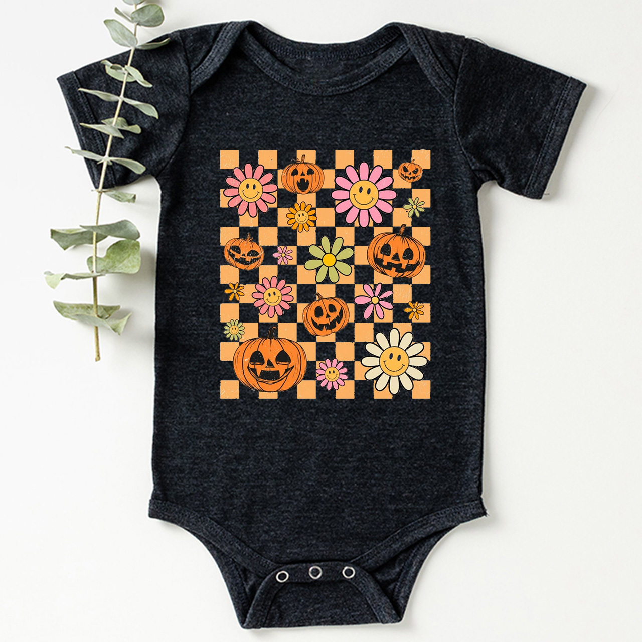 Retro Halloween Pumpkins Natural Baby Bodysuit