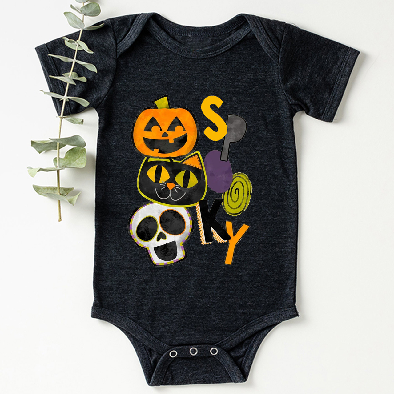 Spooky Pumpkin Cat Skull Halloween Baby Bodysuit