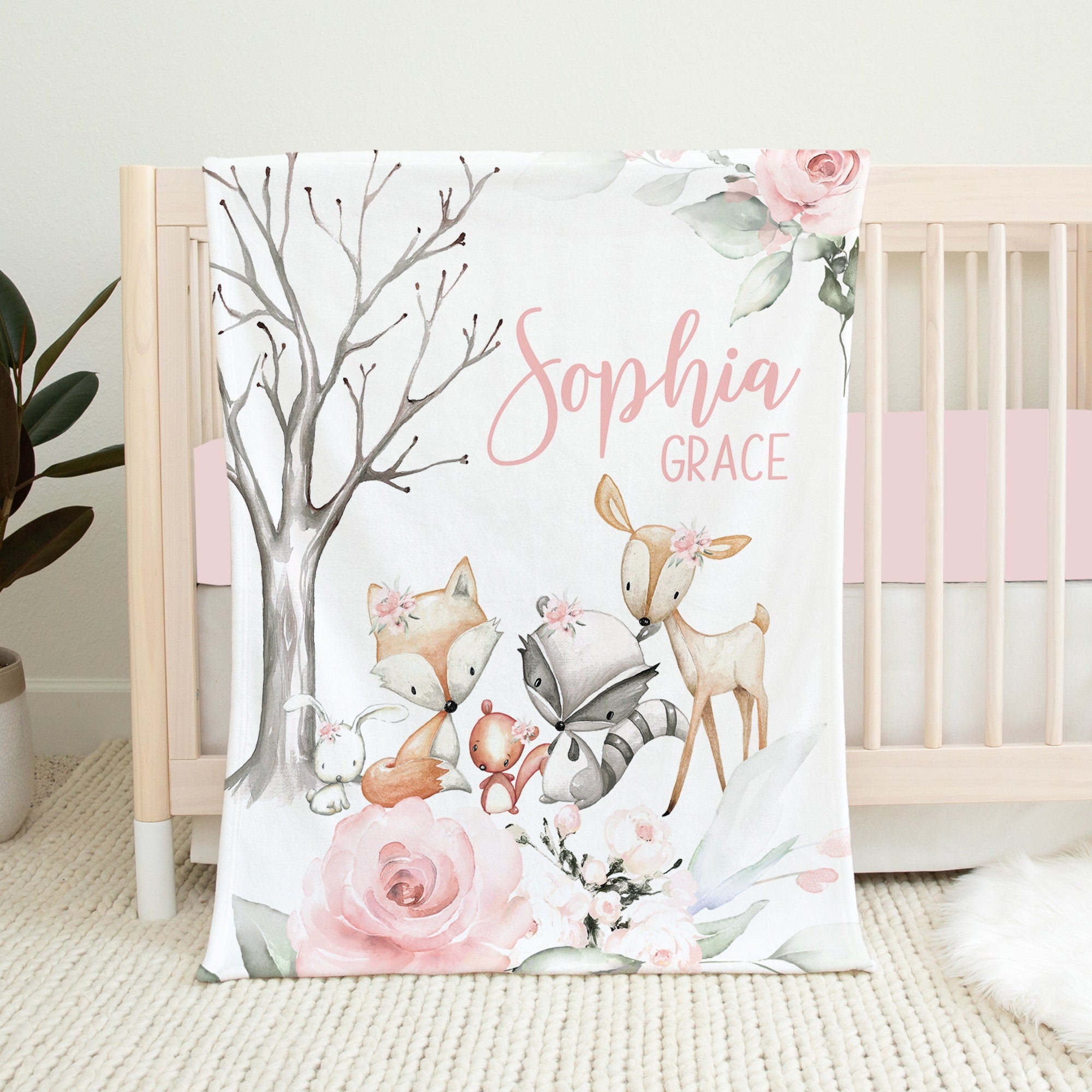 Personalized Pink Woodland Animal Baby Flannel Blanket
