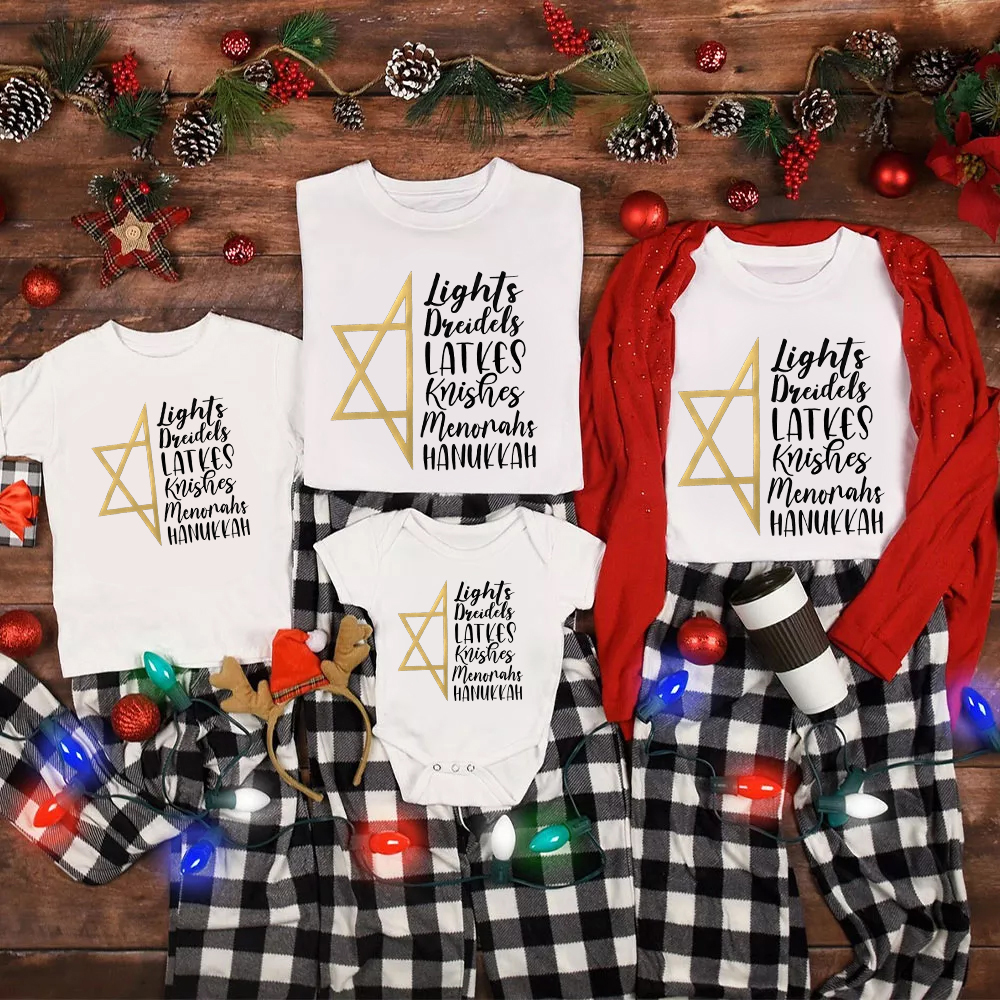 Lights Dreidels Latkes Hanukkah Family Matching Shirt