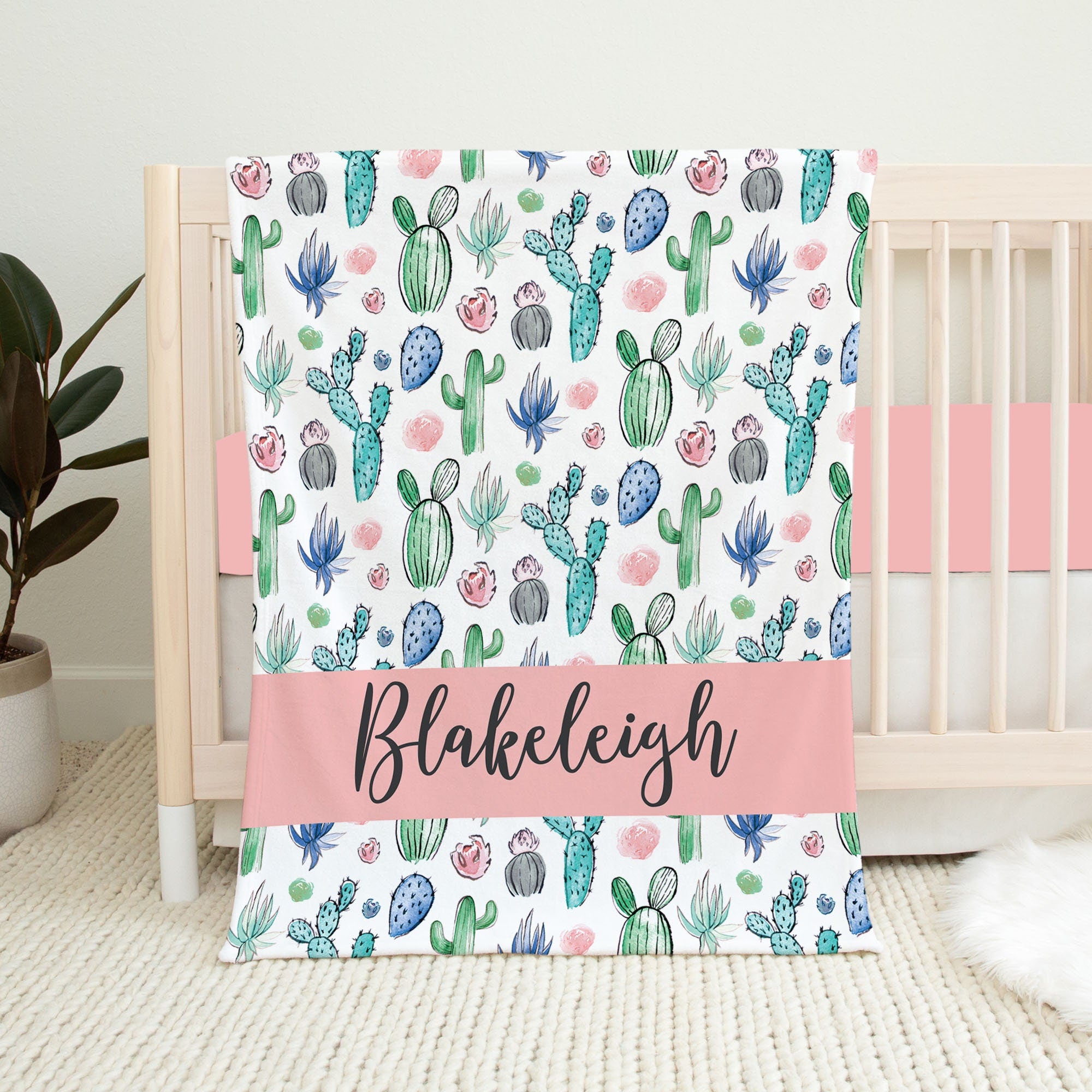 Personalized Cactus Nursery Baby Flannel Blanket