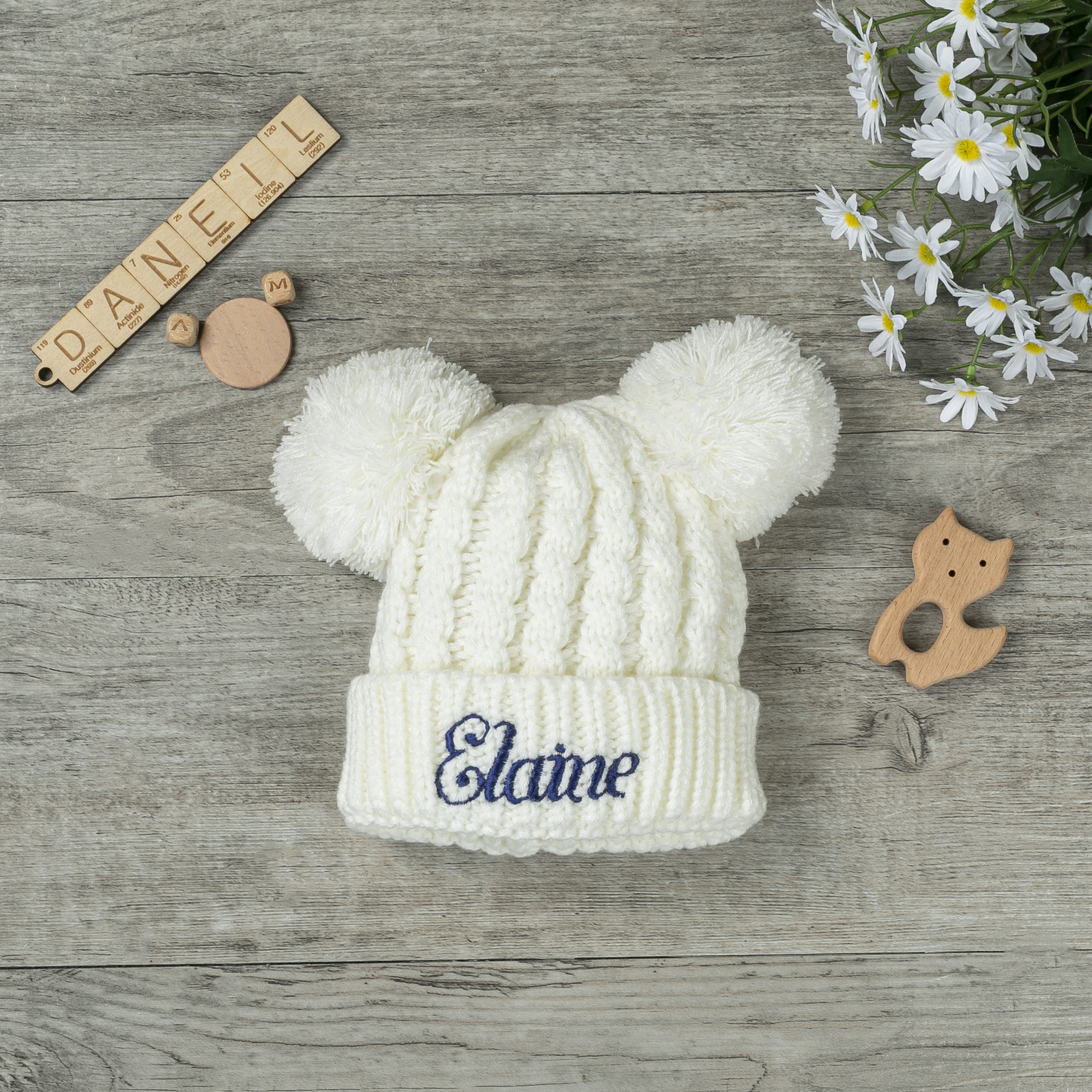 0-6T Double Pom Pom Beanies/hat Personalized (Knit)