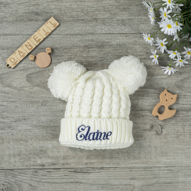 0-6T Double Pom Pom Beanies/hat Personalized (Knit)