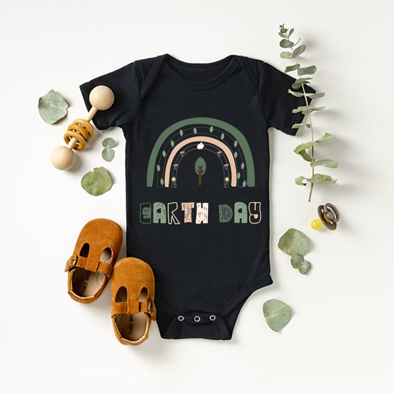 Rainbow Retro Wavy Text Love Earth Bodysuit For Baby