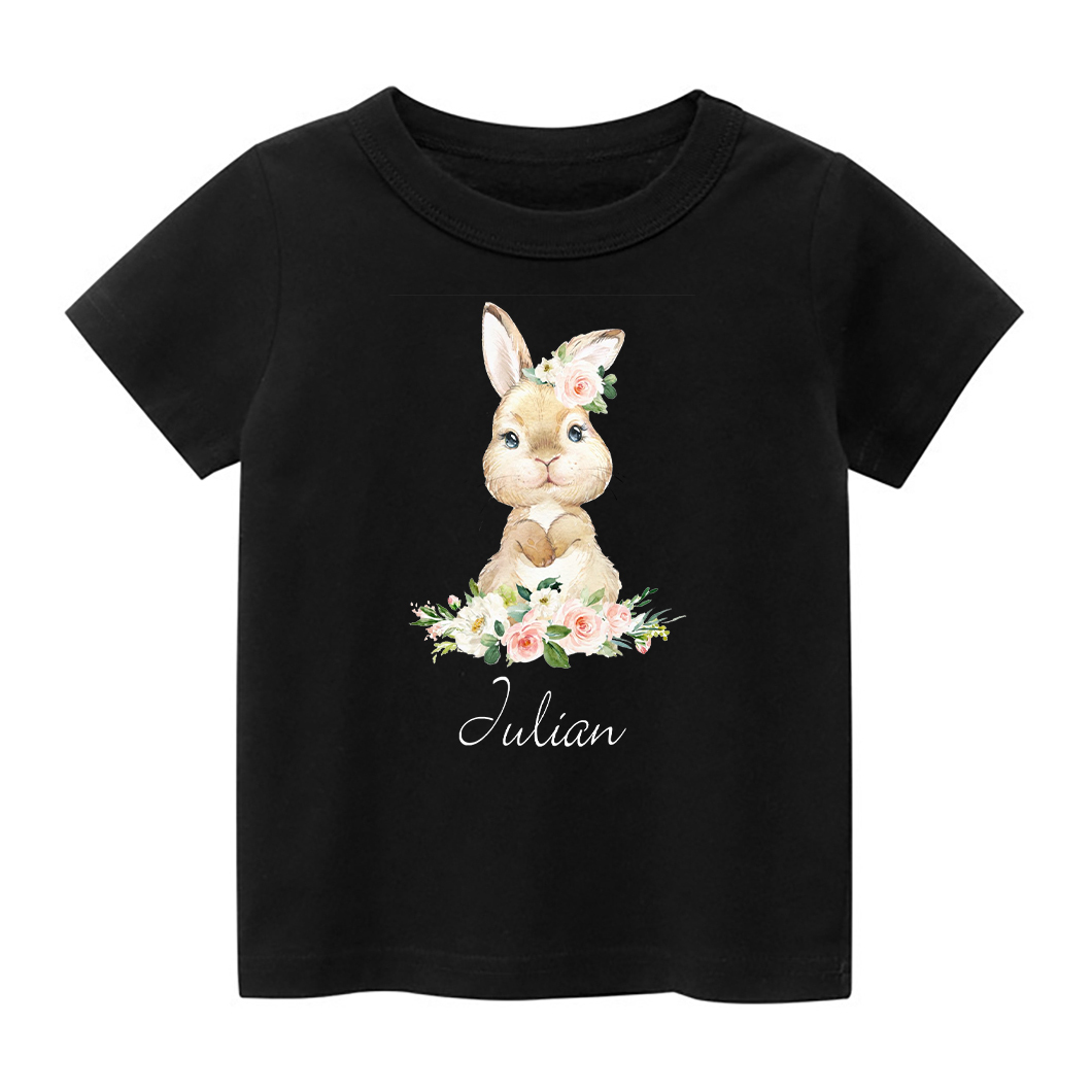 Personalized Cute Rabbit And Pink Flowers Kids T-Shirt
