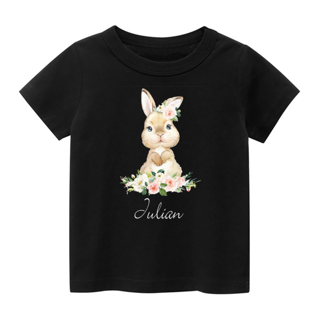 Personalized Cute Rabbit And Pink Flowers Kids T-Shirt