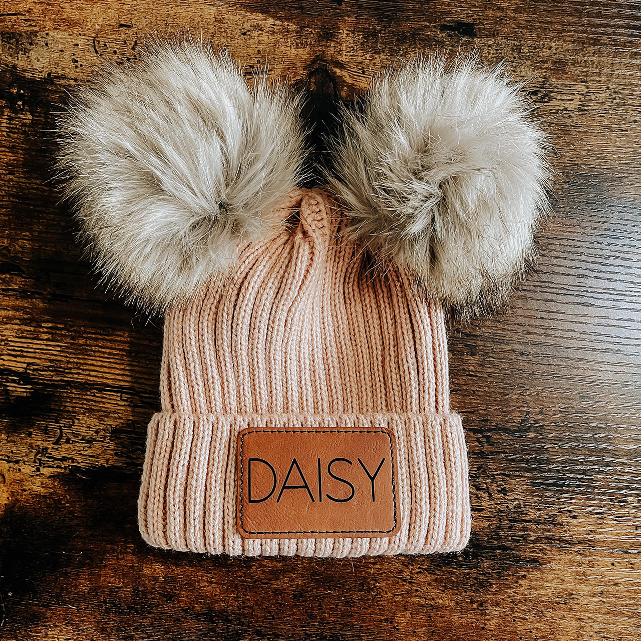 Personalized Leather Patch Double PomPom Winter Hat