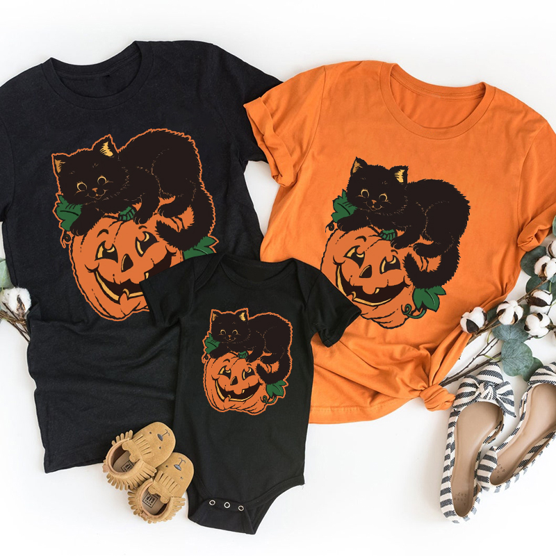 Pumpkin And Black Cat Halloween Family Matching Shirts