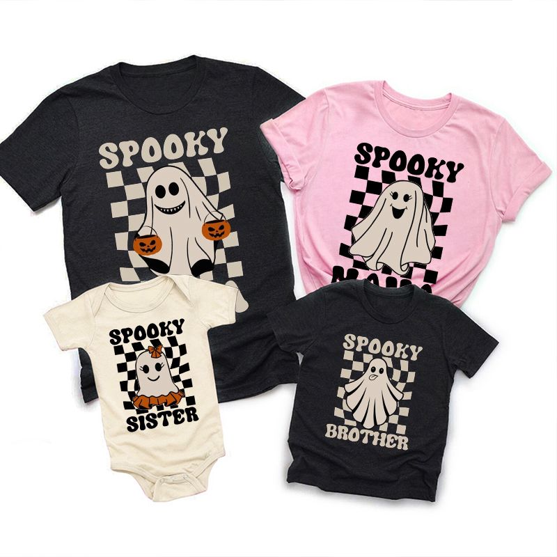 Checkerboard Pumpkin Ghost Halloween Family Matching Shirts