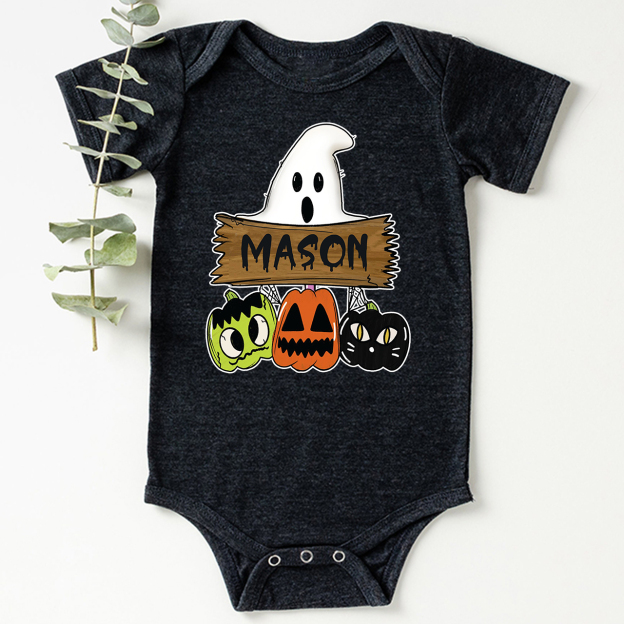 Custom Fall Halloween Pumpkin Cat Bodysuit For Baby