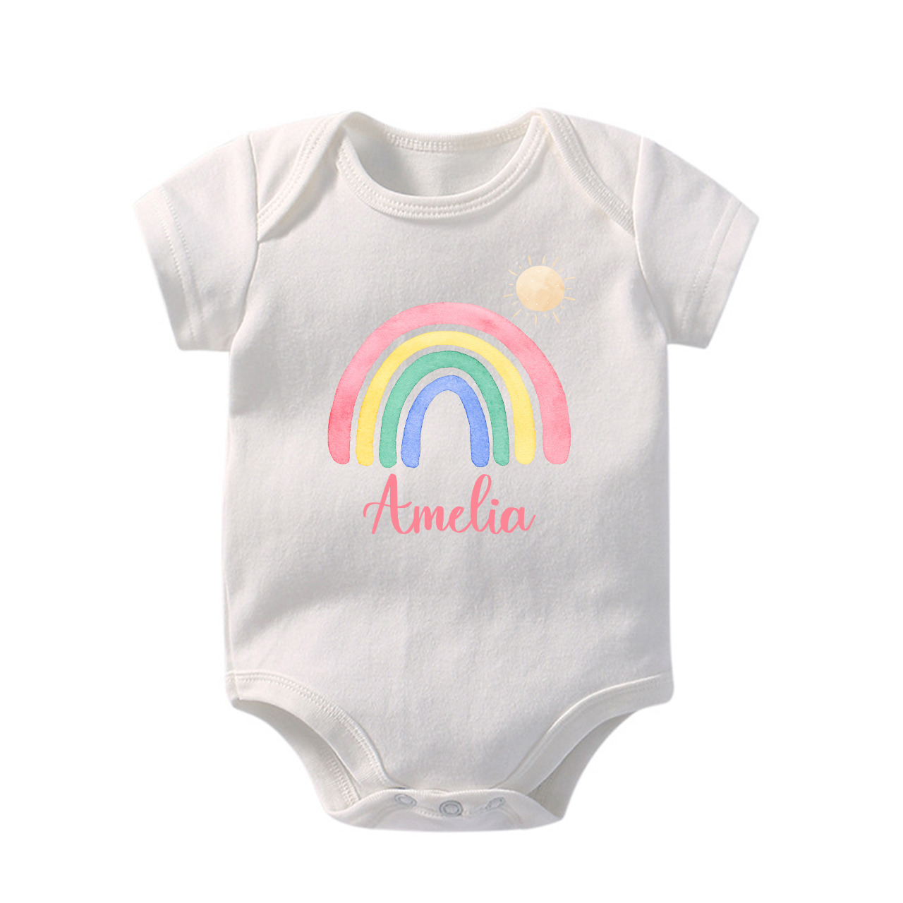 Personalized Pink Rainbow And Sun Baby Bodysuit