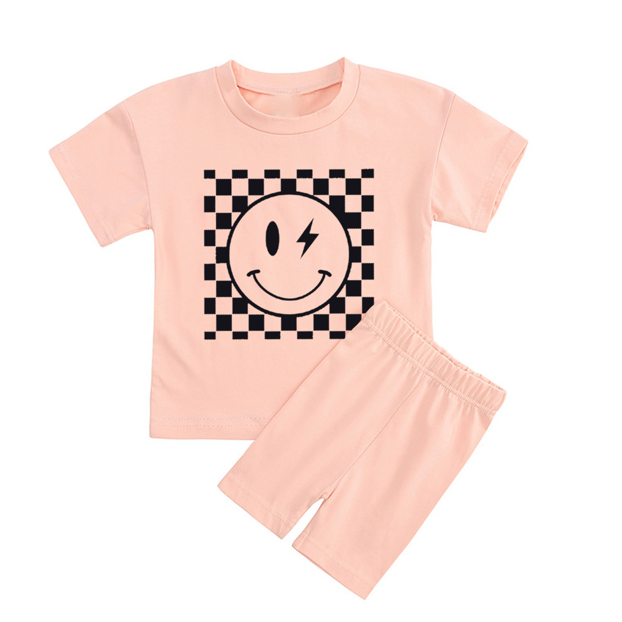 Retro Smile Face Toddler Peach Boho Biker Shorts&Tee