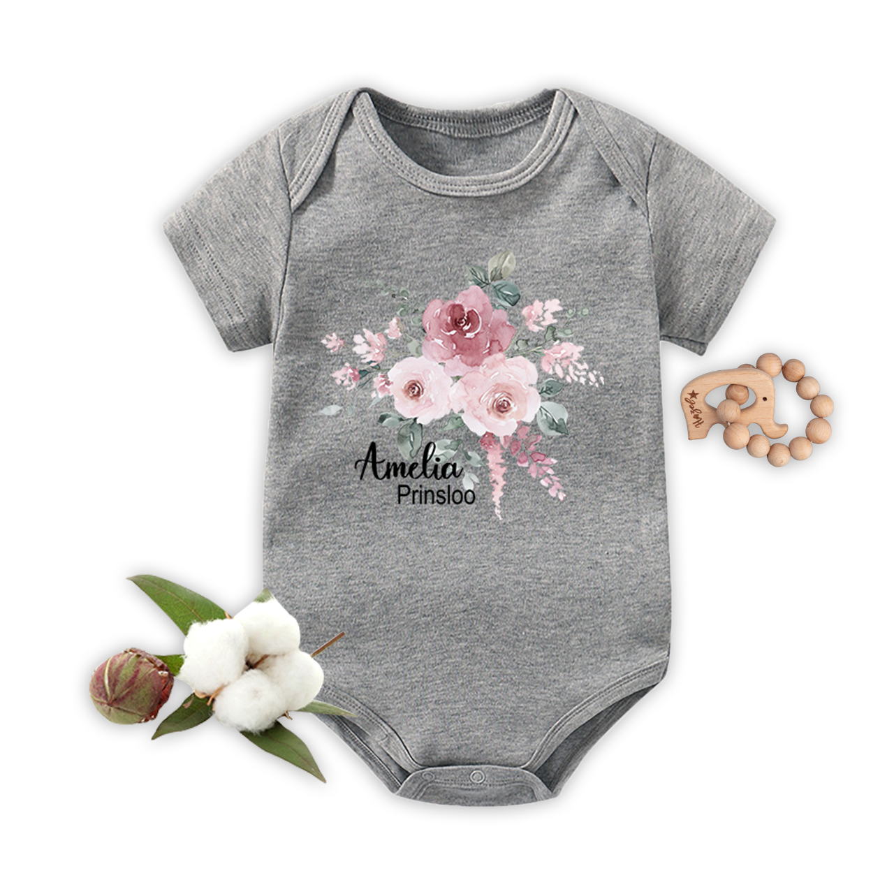 Personalized Pink Flower Cluster Baby Name Bodysuit