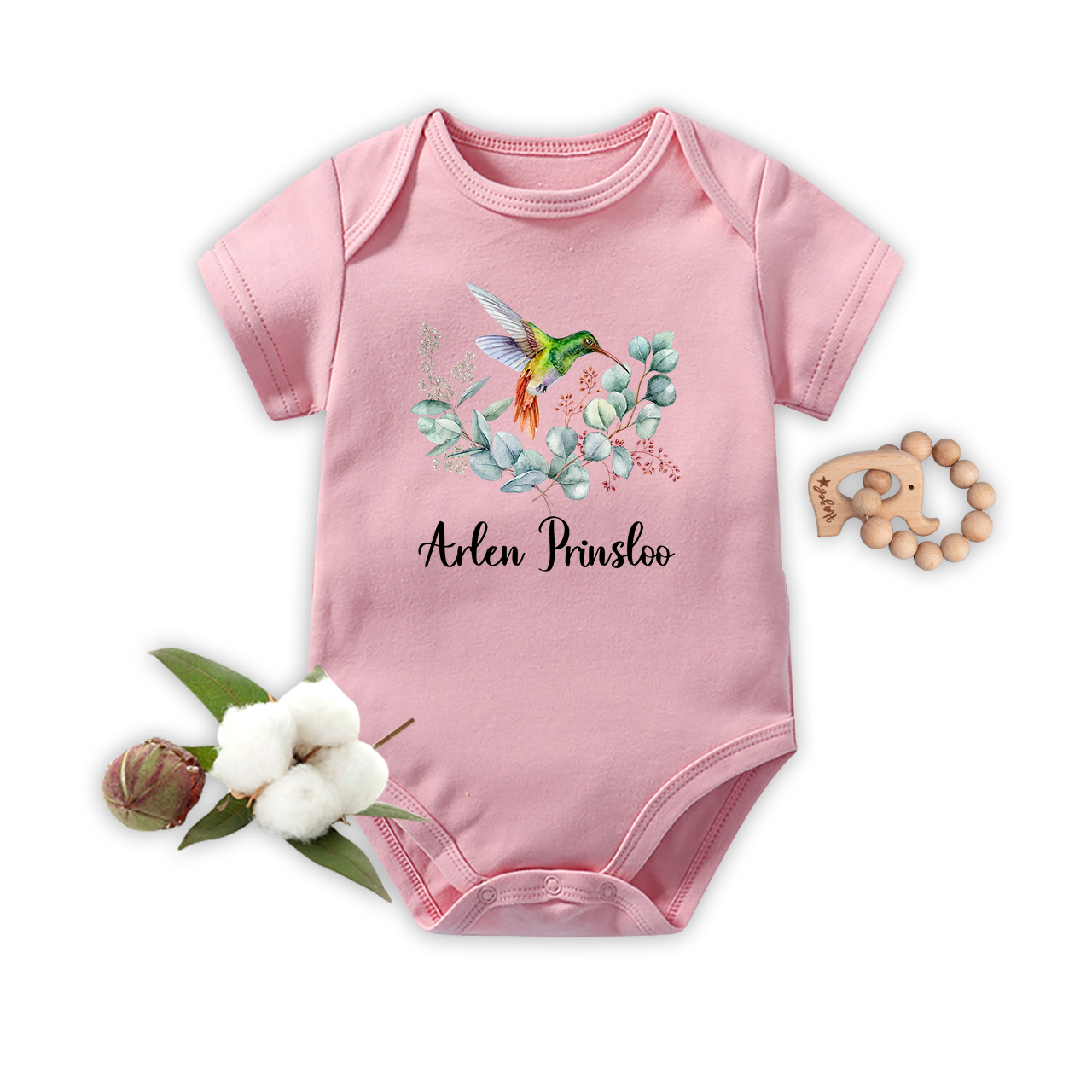 Personalized Hummingbird In The Flowers Baby Name Bodysuit